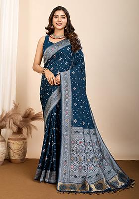 Navy Blue Jacquard Silk Saree Set