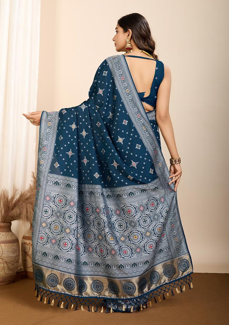 Navy Blue Jacquard Silk Saree Set