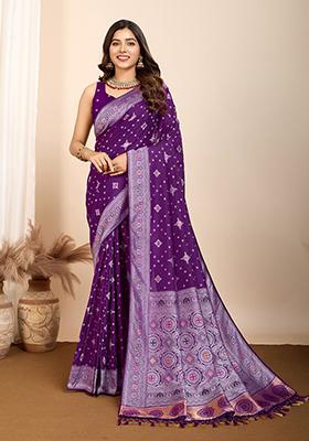 Purple Jacquard Silk Saree Set