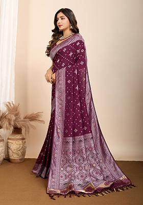 Wine Jacquard Silk Saree Set