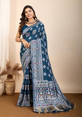 Navy Blue Jacquard Silk Saree Set