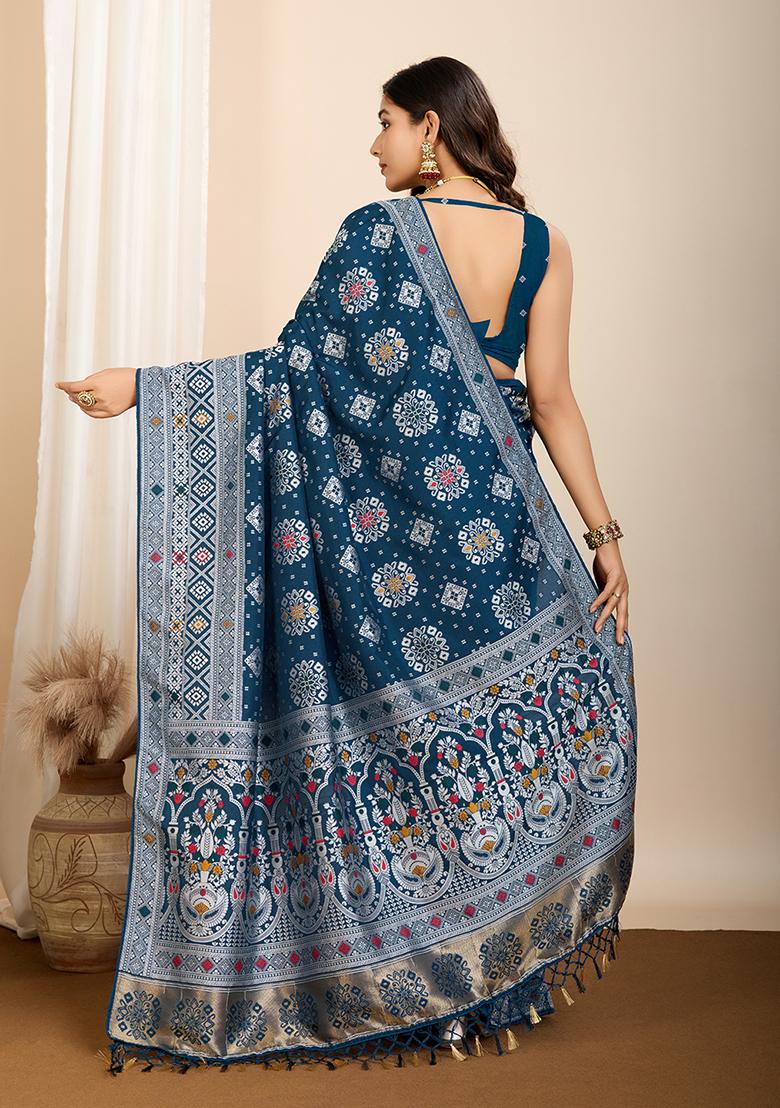 Navy Blue Jacquard Silk Saree Set
