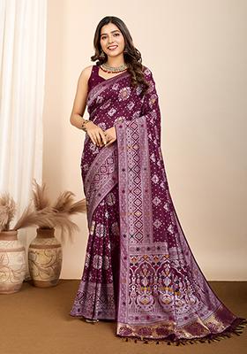 Wine Jacquard Silk Saree Set