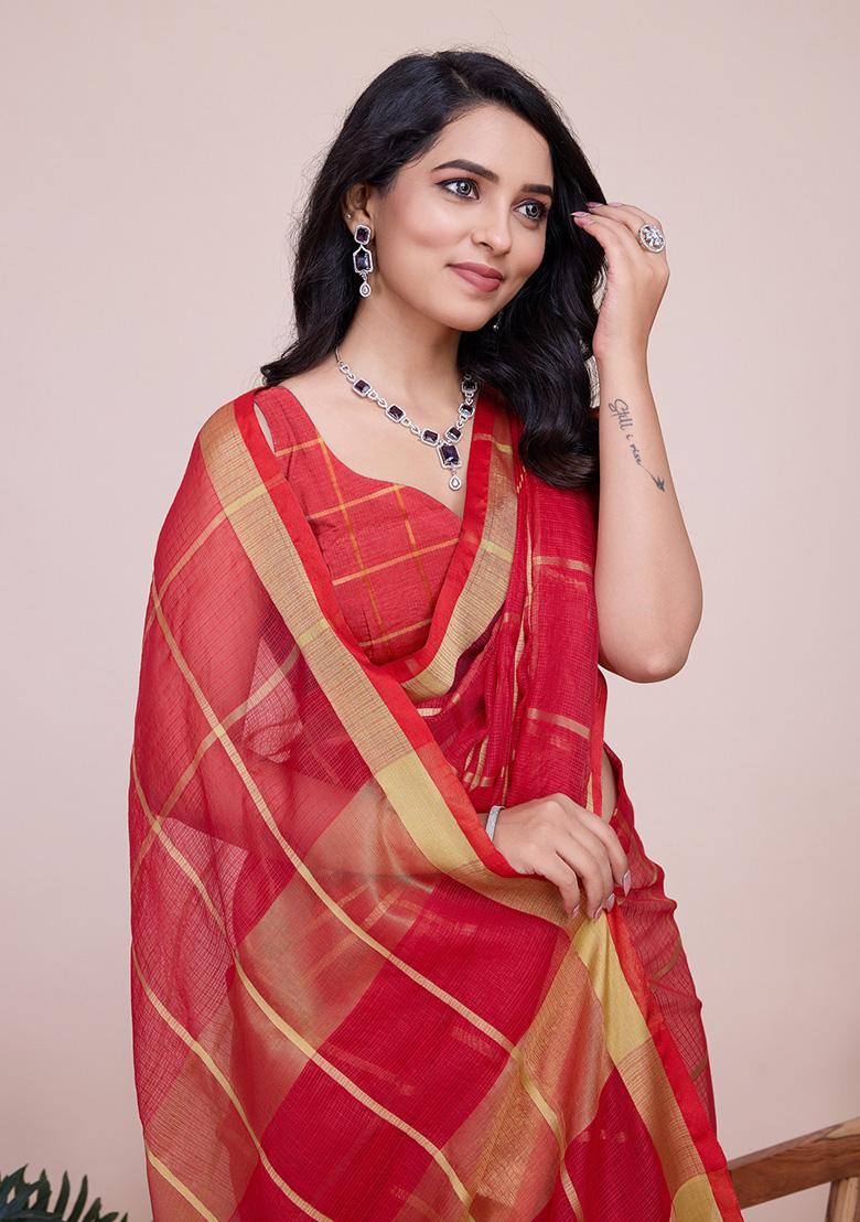 Red Jacquard Cotton Saree Set