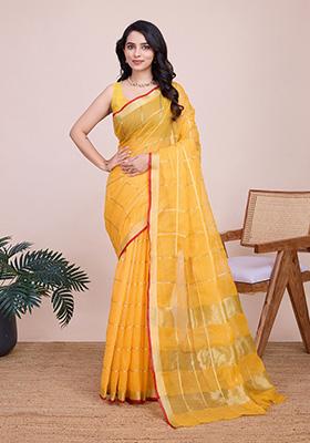 Yellow Jacquard Cotton Saree Set