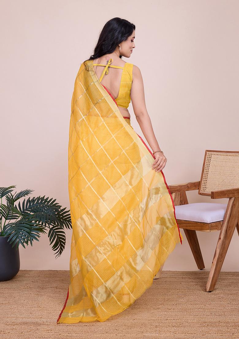 Yellow Jacquard Cotton Saree Set