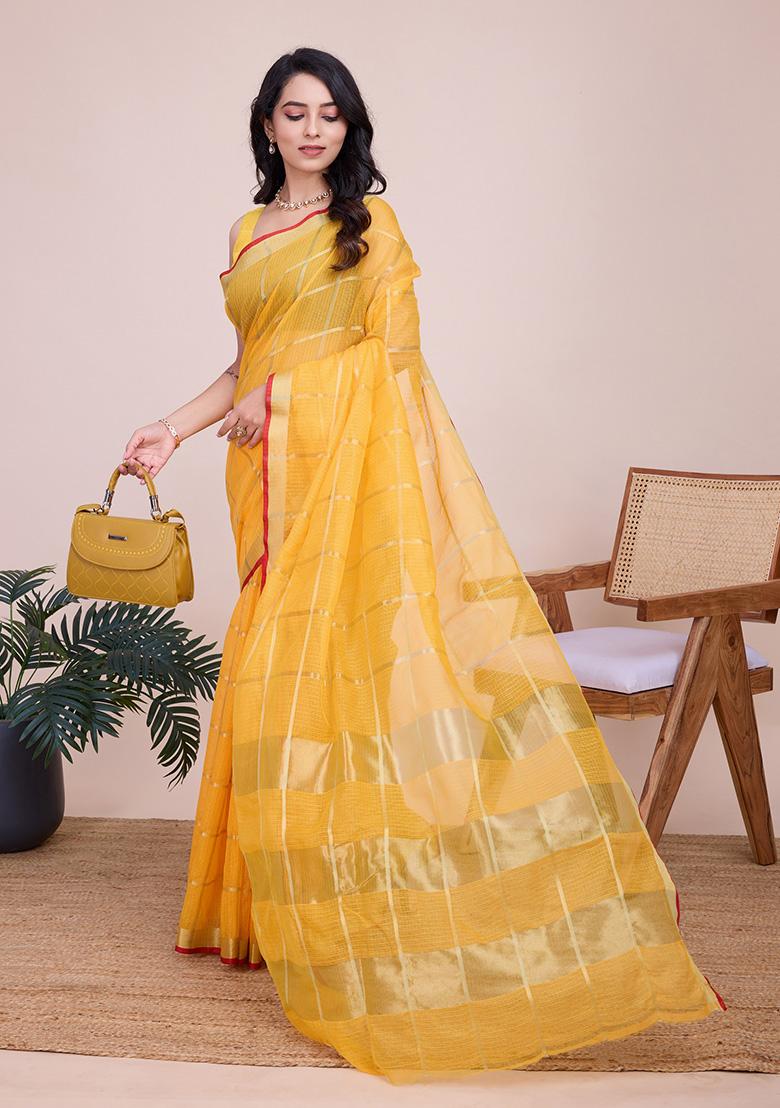 Yellow Jacquard Cotton Saree Set