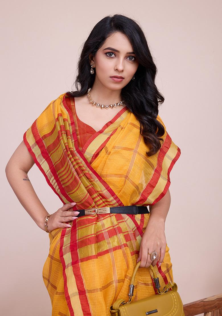 Mustard Yellow Jacquard Cotton Saree Set