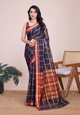 Navy Blue Jacquard Cotton Saree Set