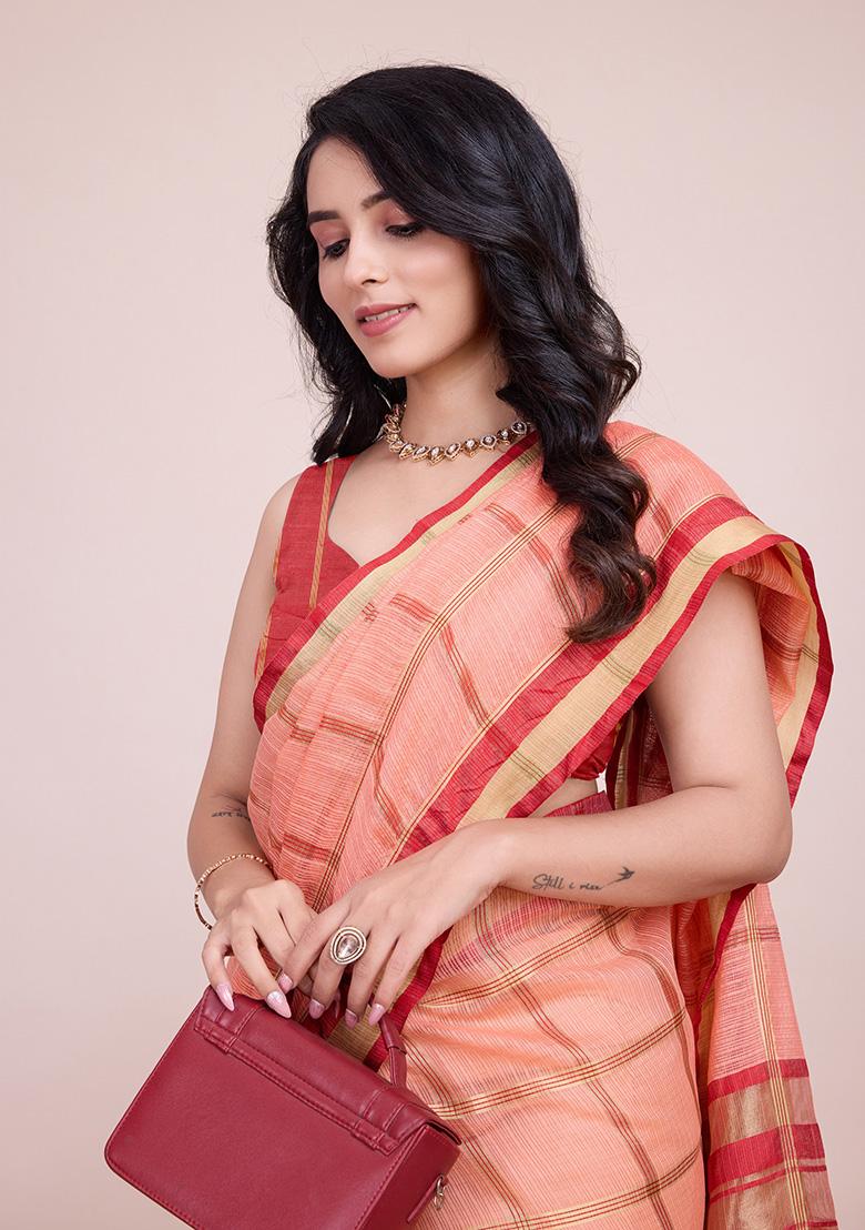 Peach Jacquard Cotton Saree Set
