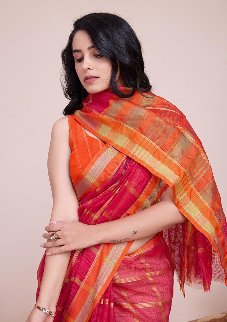 Pink Jacquard Cotton Saree Set
