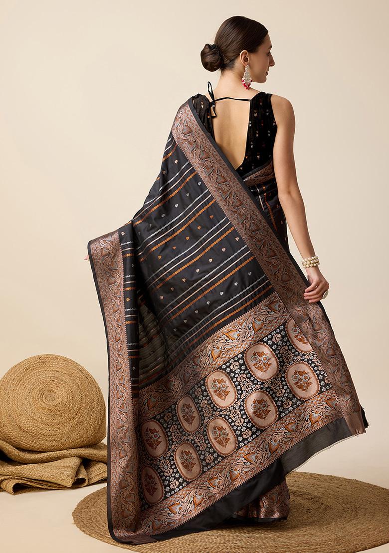 Black Jacquard Silk Saree Set