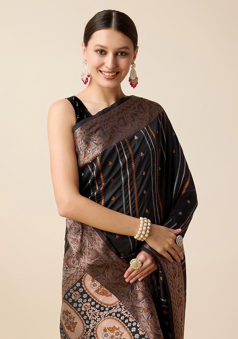 Black Jacquard Silk Saree Set