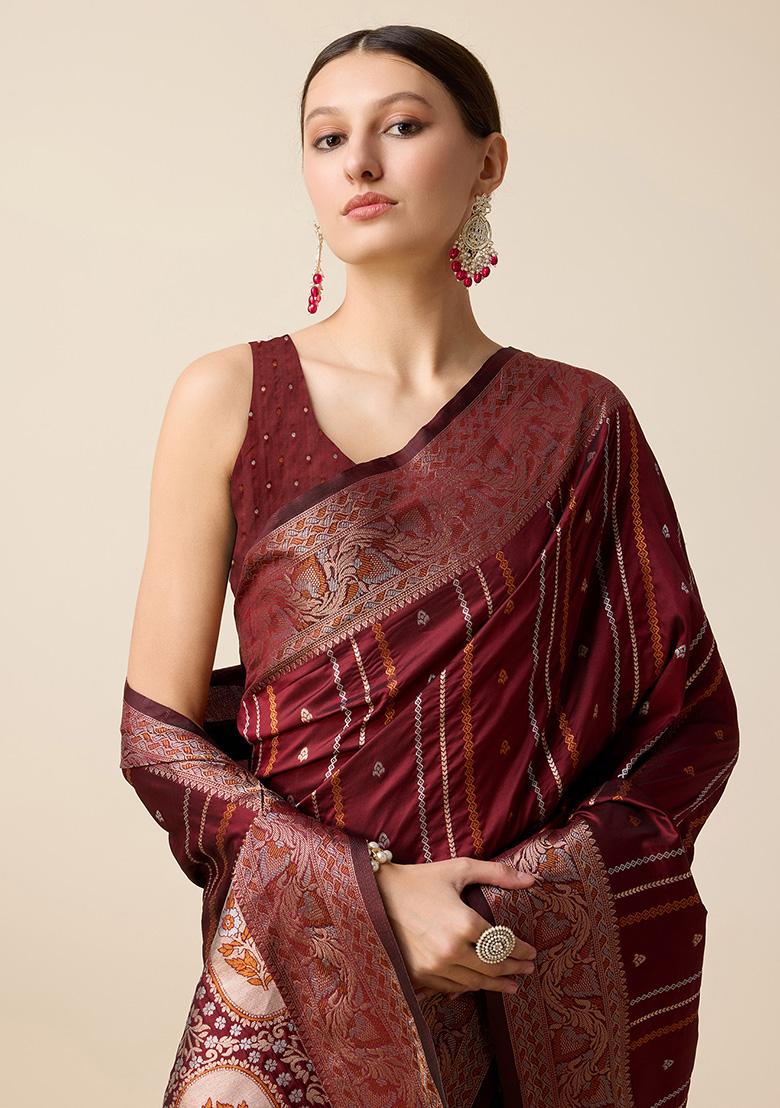 Maroon Jacquard Silk Saree Set