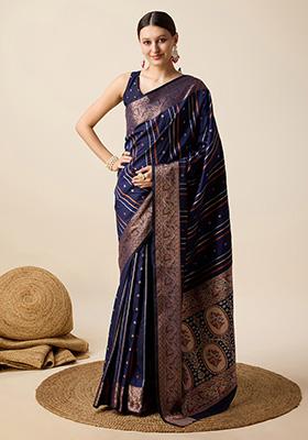 Navy Blue Jacquard Silk Saree Set