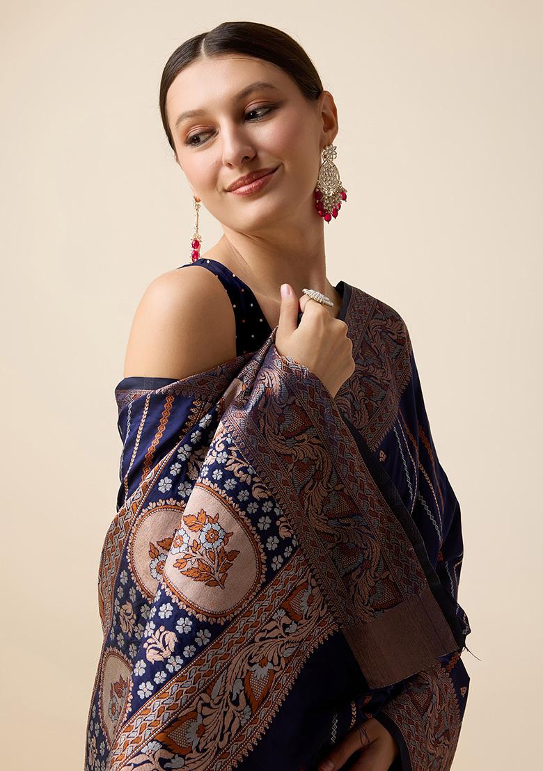 Navy Blue Jacquard Silk Saree Set