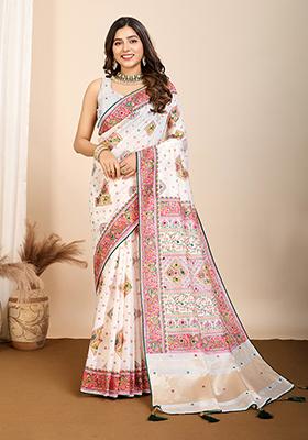 White Printed Cotton Saree Set