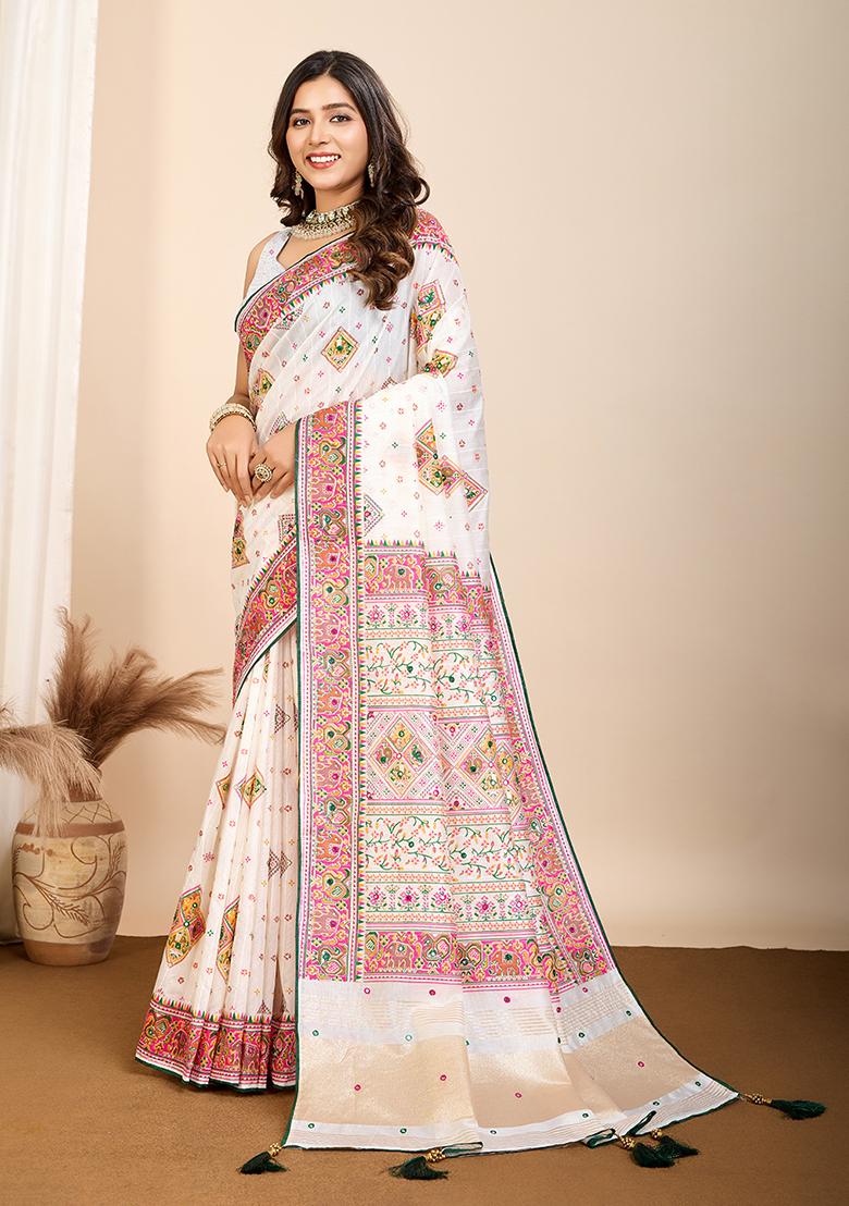 White Printed Cotton Saree Set