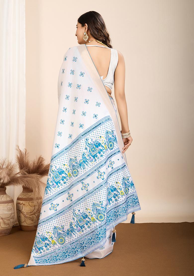 Blue Printed Cotton Saree Set
