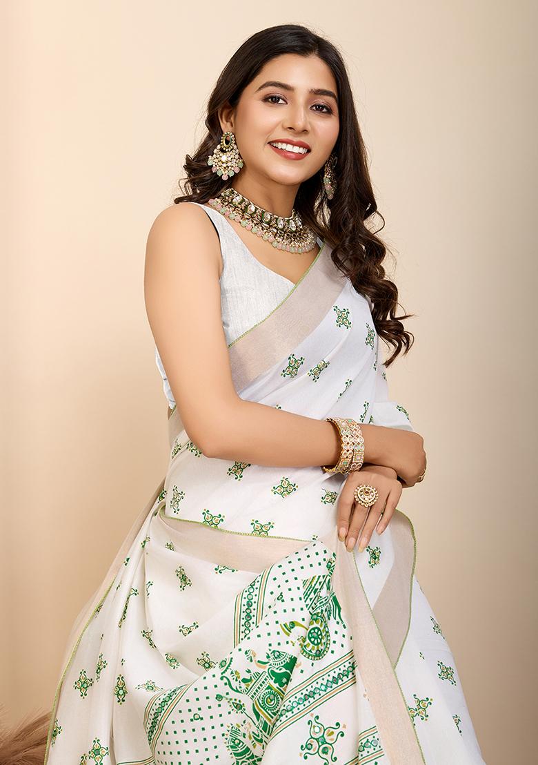 Green Printed Cotton Saree Set