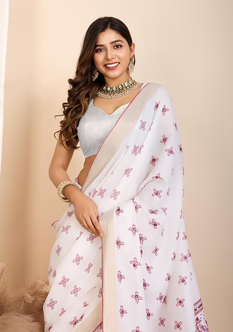 Pink Printed Cotton Saree Set