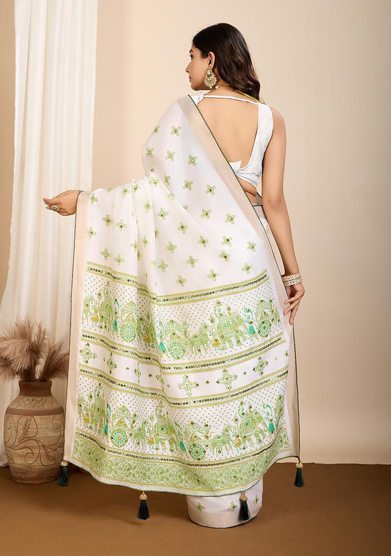 Pista Green Printed Cotton Saree Set