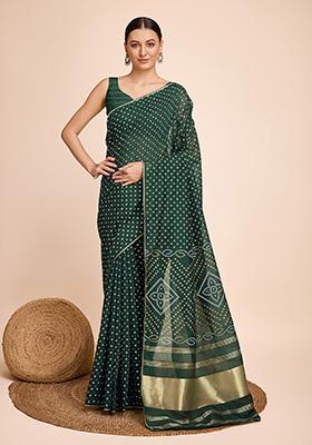 Green Printed Cotton Saree Set