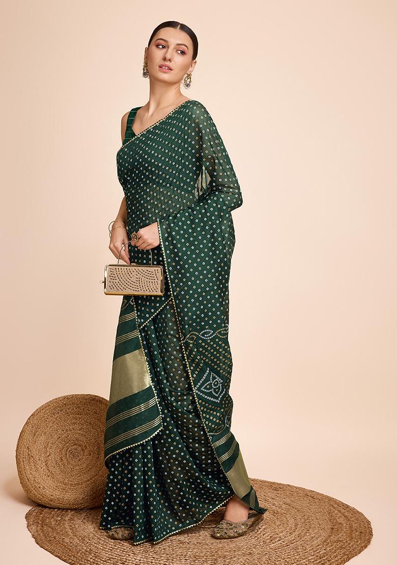 Green Printed Cotton Saree Set
