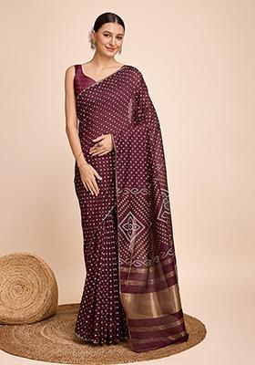 Maroon Printed Cotton Saree Set