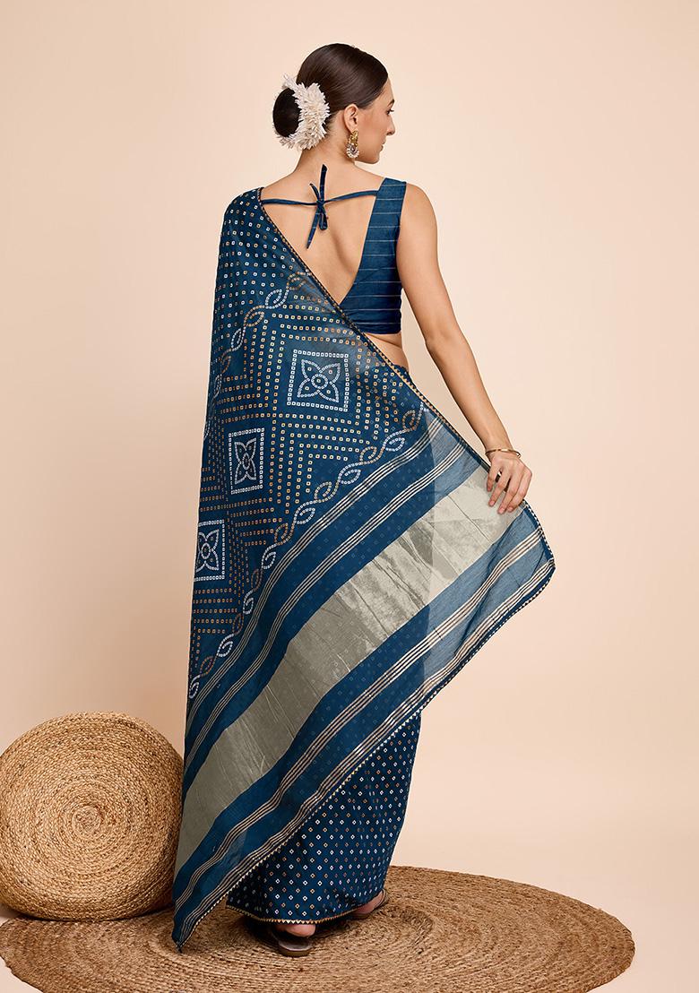 Blue Printed Cotton Saree Set