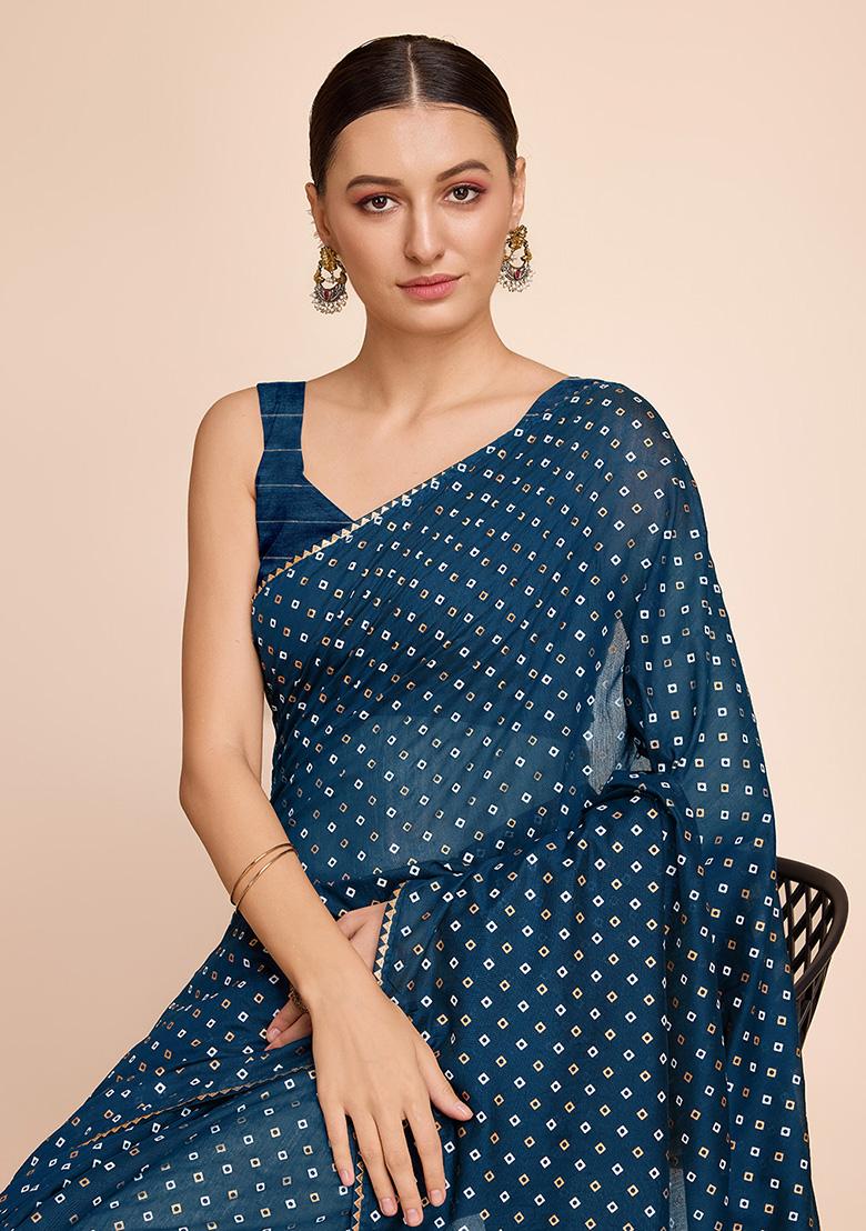 Blue Printed Cotton Saree Set
