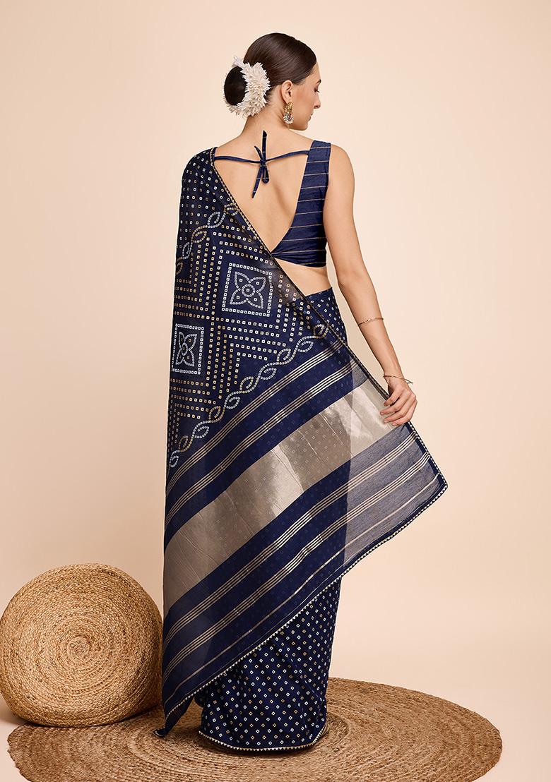 Navy Blue Printed Cotton Saree Set