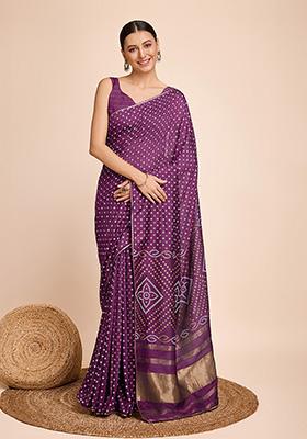 Purple Printed Cotton Saree Set
