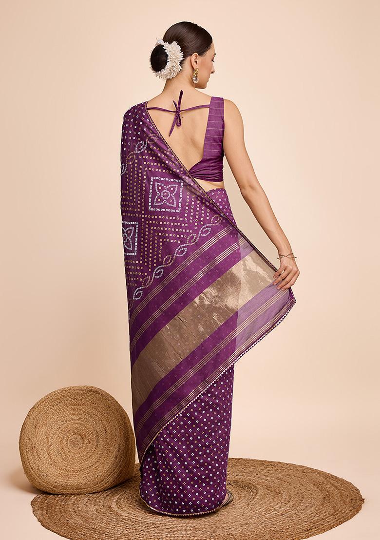 Purple Printed Cotton Saree Set