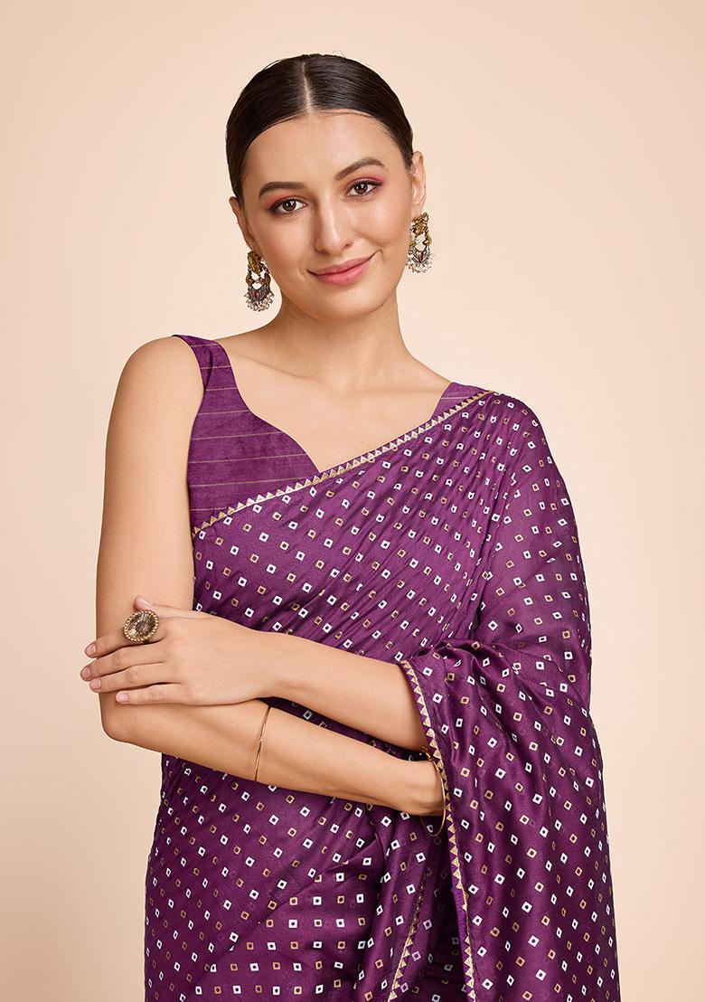 Purple Printed Cotton Saree Set