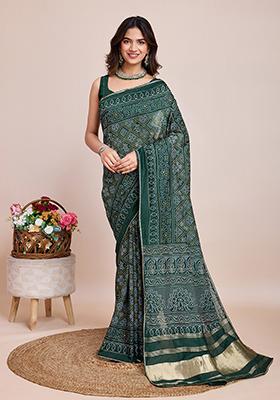 Green Printed Cotton Saree Set