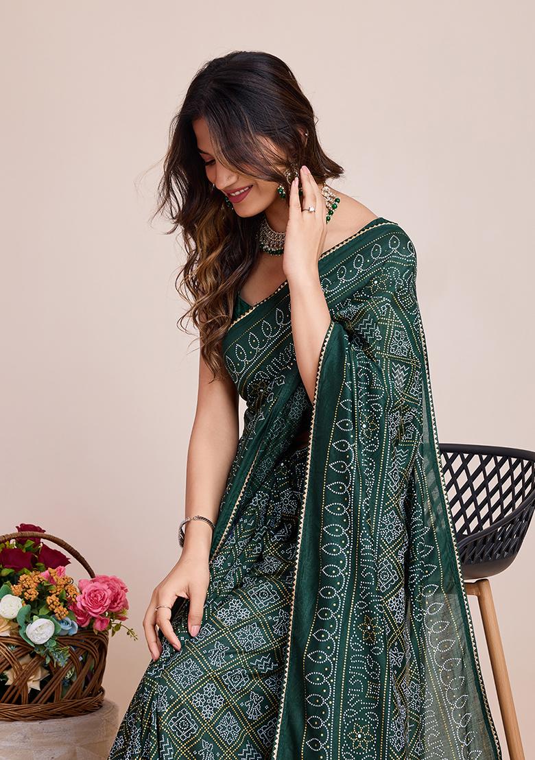 Green Printed Cotton Saree Set