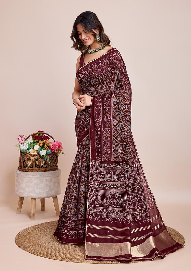 Maroon Printed Cotton Saree Set