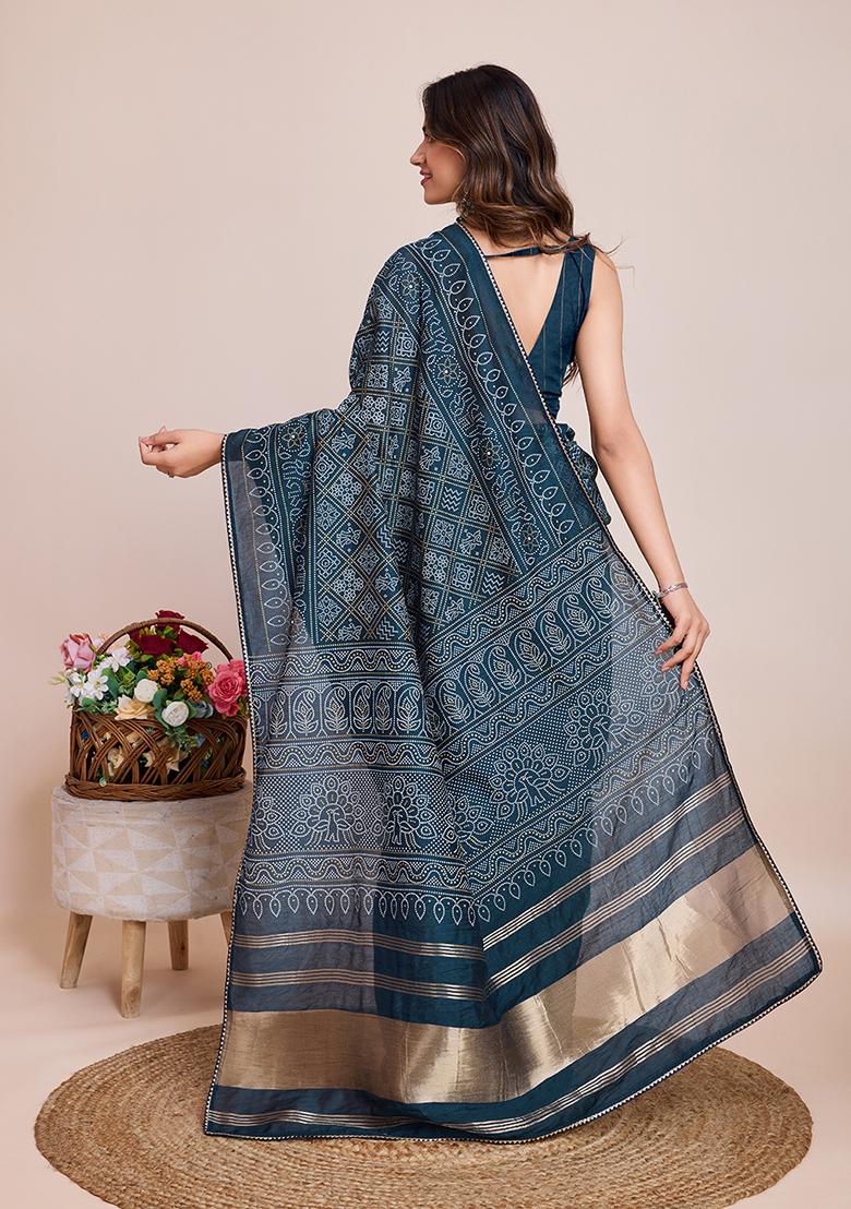 Blue Printed Cotton Saree Set