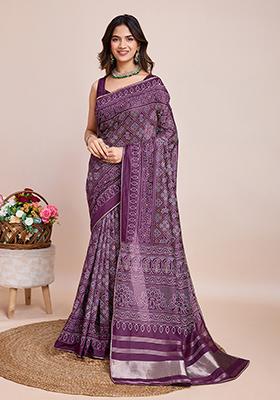 Wine Printed Cotton Saree Set