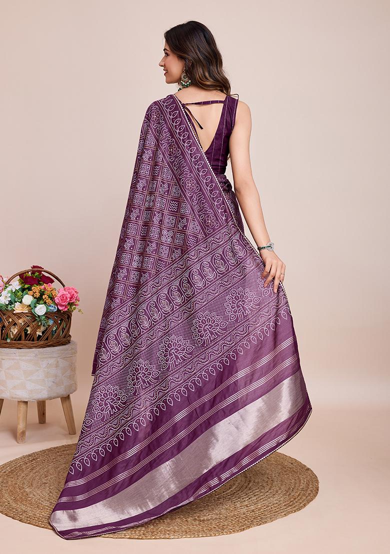 Wine Printed Cotton Saree Set