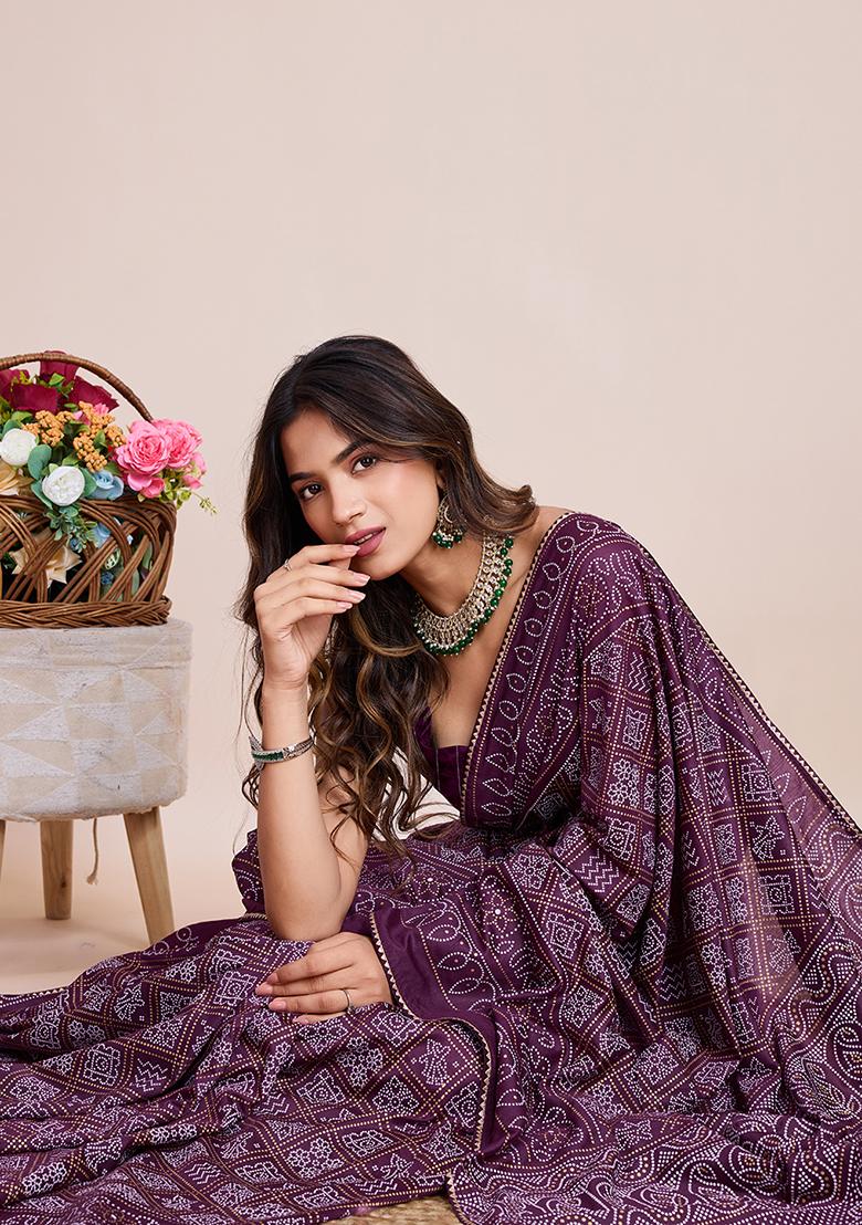 Wine Printed Cotton Saree Set