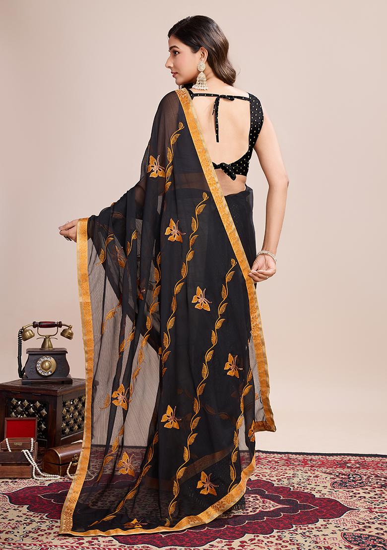 Mustard Yellow Embroidered Georgette Saree Set