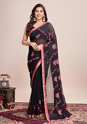 Pink Embroidered Georgette Saree Set