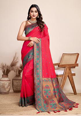 Rani Pink Jacquard Silk Saree Set