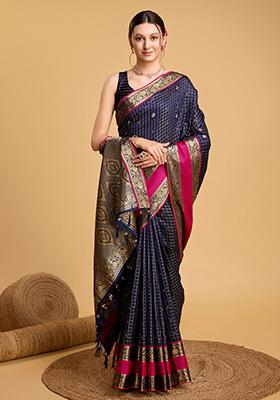 Navy Blue Jacquard Silk Saree Set