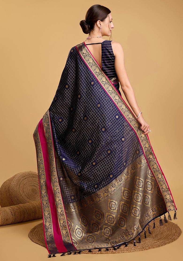 Navy Blue Jacquard Silk Saree Set