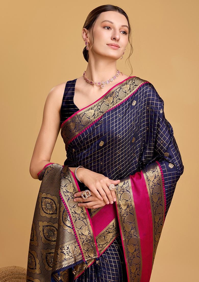 Navy Blue Jacquard Silk Saree Set