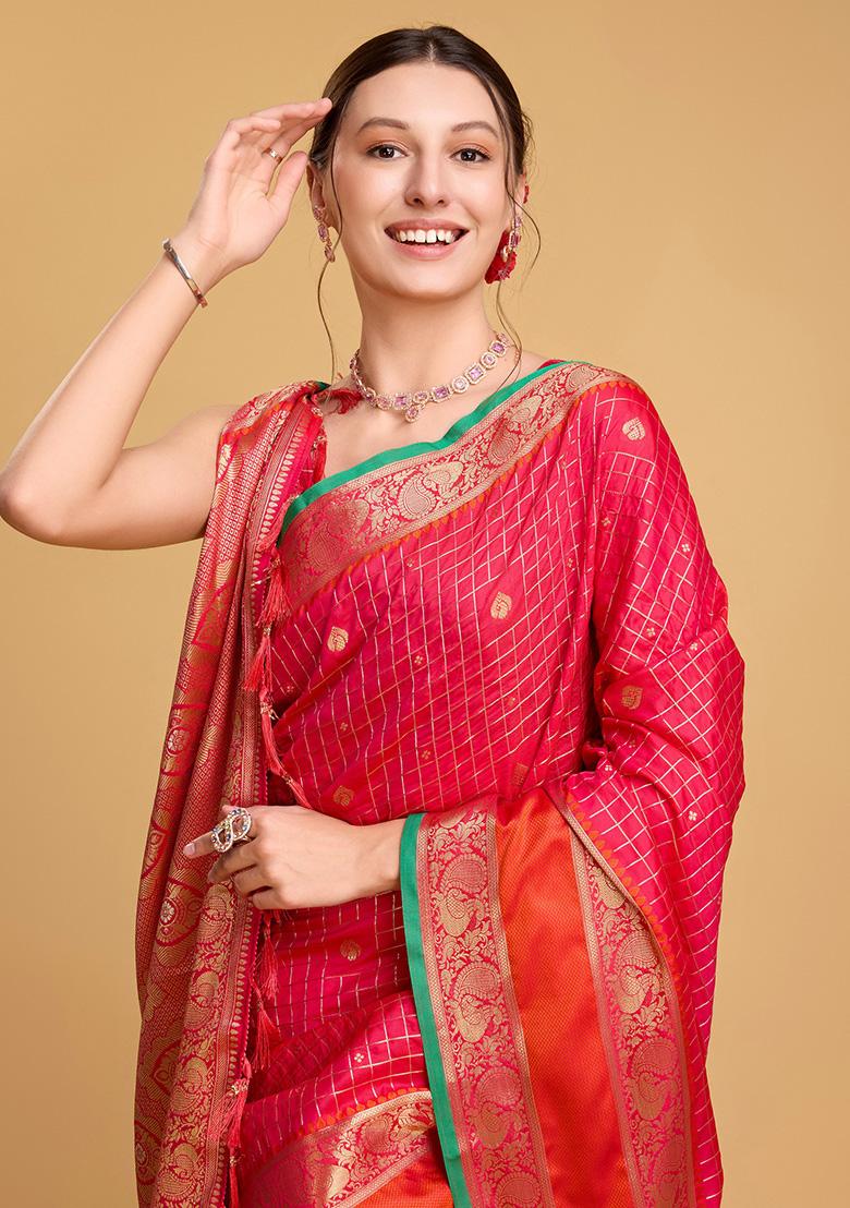 Pink Jacquard Silk Saree Set