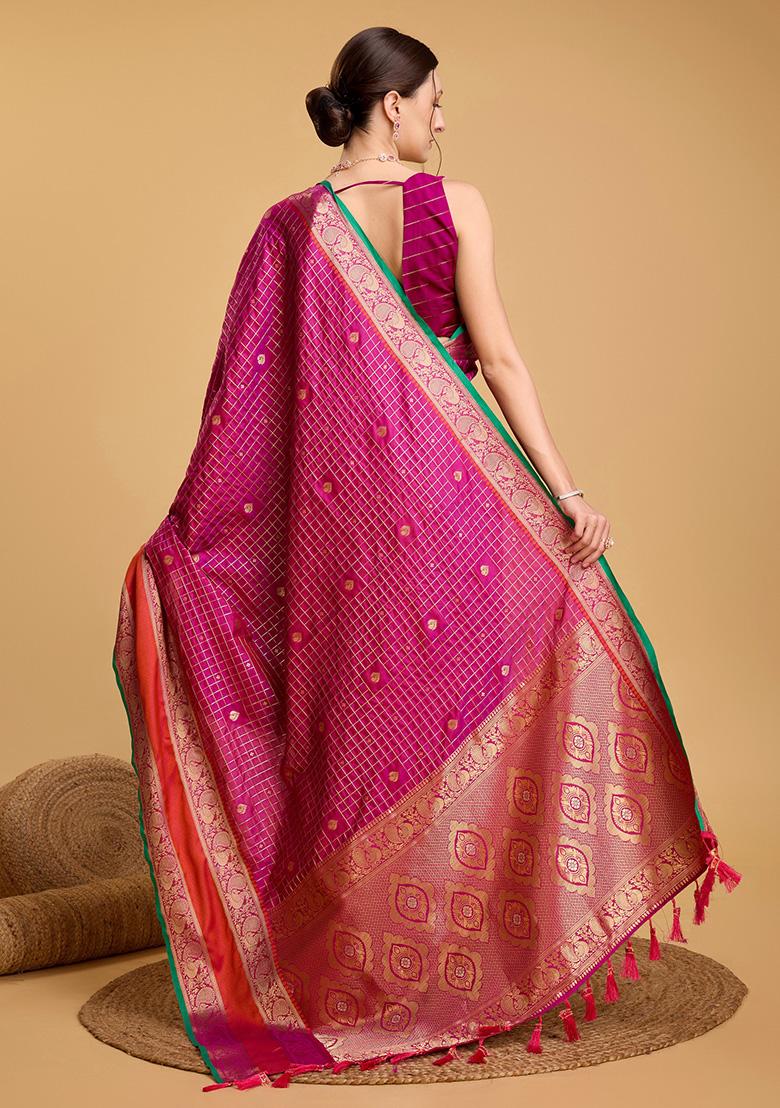 Rani Pink Jacquard Silk Saree Set